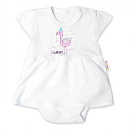 Baby Nellys Bavlněné kojenecké sukničkobody, kr. rukáv, Flamingo - bílé, vel. 80